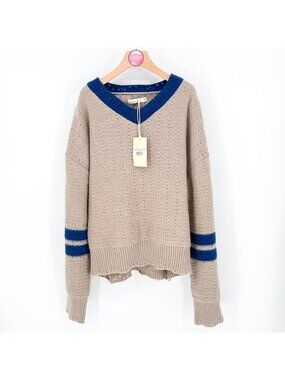 MNML Distressed Striped Long Sleeve Ribbed Varsity V-Neck Sweater Men's 2XL NWT